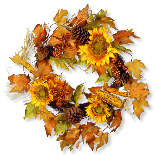 Sunflower and Pinecone Artificial Fall Harvest Wreath, 24-Inch, Unlit - IMAGE 1