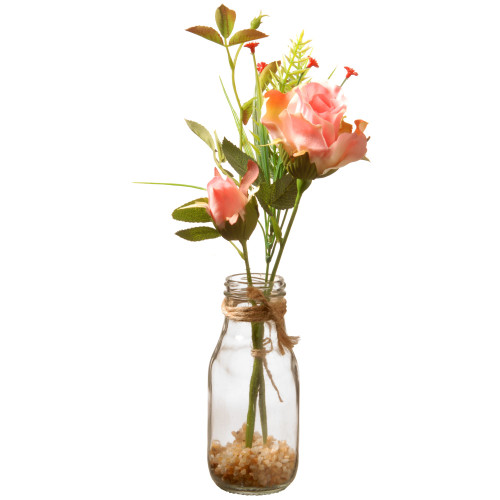 12" Artificial Pink Rose Flower Arrangement in Glass Vase - IMAGE 1