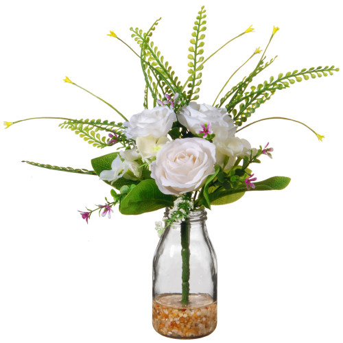 12" Artificial White Rose Flower Arrangement in Glass Vase - IMAGE 1