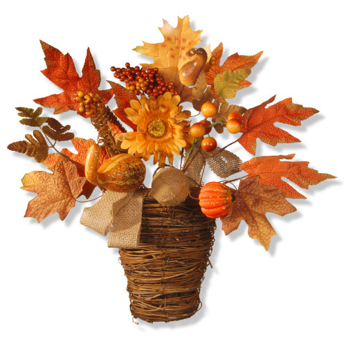 16" Maple Leaf and Pumpkins Fall Harvest Artificial Floral Arrangement - IMAGE 1