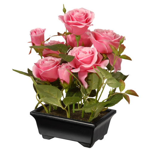 11.75" Potted Pink Rose Artificial Flower Arrangement with a Black Pot - IMAGE 1