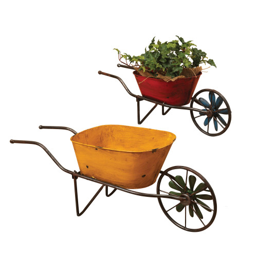 Set of 2 Red and Yellow Antique Wheelbarrow Planters 22.75” - IMAGE 1
