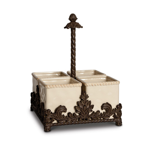 13" Cream and Bronze Flatware Caddy with Acanthus Leaf Metal Holder - IMAGE 1