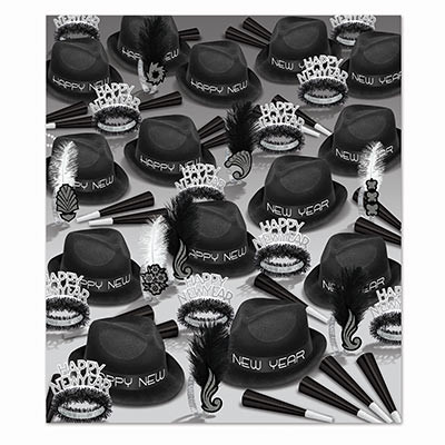 Club Pack of 100 Black New Year Party Themed Hats with Feathered and Plumed Tiaras 9" - IMAGE 1