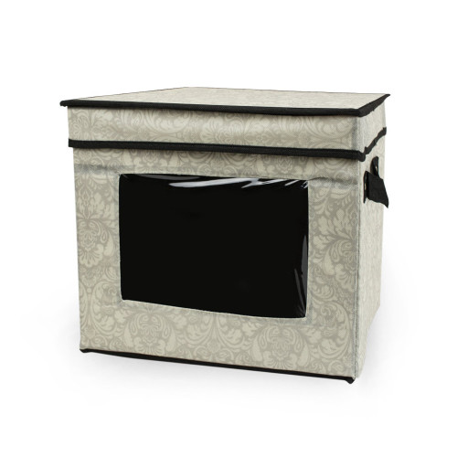9" Gray Damask Dish and Dessert Plate Storage Bin with Window - IMAGE 1