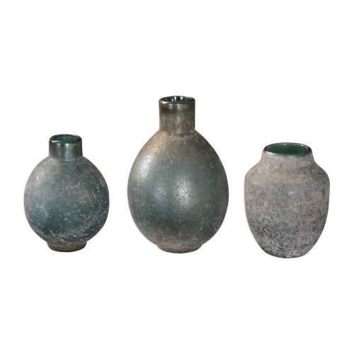 Set of 3 Glass Weathered Blue-Green Rust Ivory Glaze Vases 26” - IMAGE 1