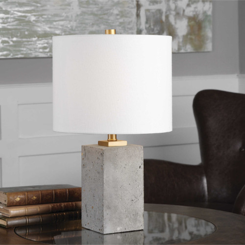 Concrete Block Table Lamp with Drum Shade - 17” - Gray and White - IMAGE 1