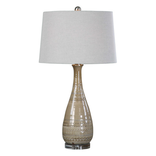 Light Taupe Embossed Ceramic Table Lamp with Round Gray Shade 31” - IMAGE 1