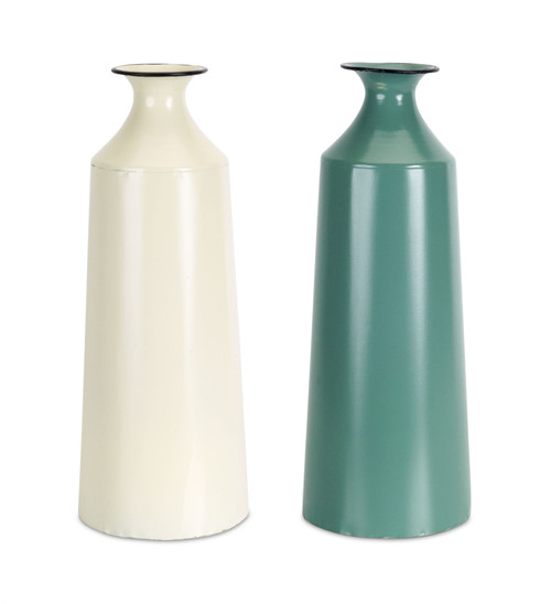 Creamy Vintage Style Iron Vase 12” - White and Green - Set of 2 - IMAGE 1
