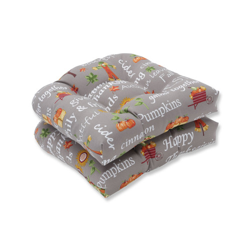 Set of 2 Thanksgiving Outdoor Chair Pads - 16" - Gray and Orange - IMAGE 1