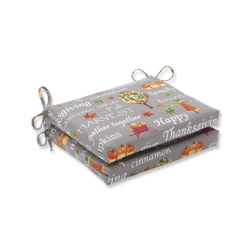 Happy Thanksgiving Outdoor Patio Seat Cushions - 18.5" - Gray and Orange - Set of 2 - IMAGE 1