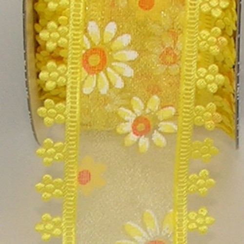 Yellow and White Midi Daisy Sheer Wired Craft Ribbon 1.5" x 80 Yards - IMAGE 1