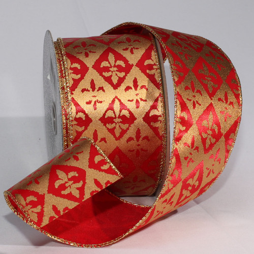 Red and Gold Fleur De Lis Wired Craft Ribbon 2.5" x 40 Yards - IMAGE 1