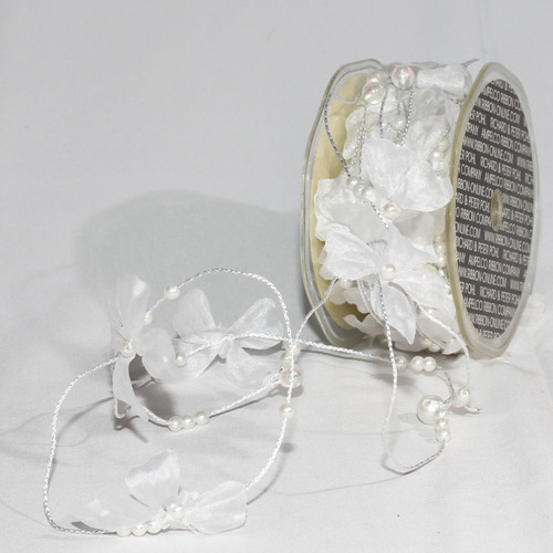 Shimmering White Crystal Beads and Butterflies Wired Craft Ribbon 17 Yards - IMAGE 1