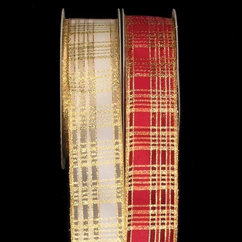 Semi Sheer Ivory and Gold Tartan Wired Craft Ribbon 1.5" x 27 Yards - IMAGE 1