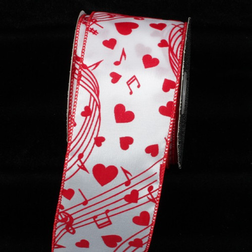 White and Red Love Notes Wired Craft Ribbon 3" x 20 Yards - IMAGE 1