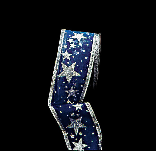 Navy Blue and Silver Stars Sheer Wired Craft Ribbon 2.5" x 20 Yards - IMAGE 1