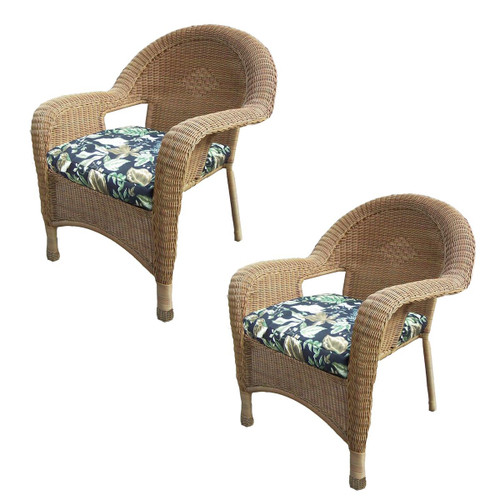Honey Brown Outdoor Patio Resin Wicker Armchairs - Blue Cushions - Set of 2 - IMAGE 1