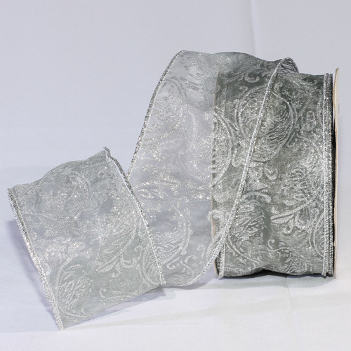 Shimmering Silver Sheer Ornamental Print Wired Craft Ribbon 2.5” x 20 Yards - IMAGE 1