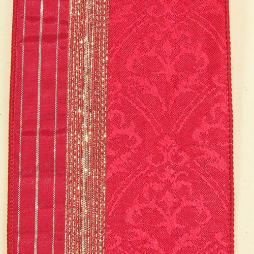 Red Damask with Gold Stripes Wired Craft Ribbon 4" x 20 Yards - IMAGE 1