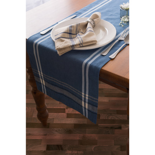 Chambray Striped Pattern Rectangular Table Runner - 108" - Blue and White - IMAGE 1
