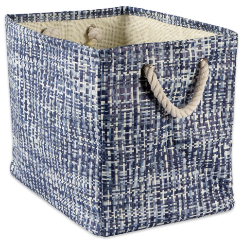 17" Nautical Blue and Ivory Tweed Patterned Large Rectangular Bin with Rope Handles - IMAGE 1