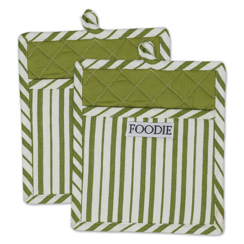 Set of 2 Green and White Striped Pattern Potholders 9" - IMAGE 1