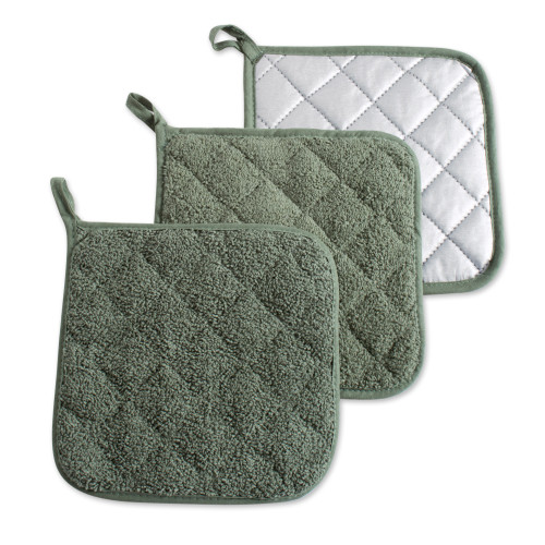 Set of 3 Green Terry Geometric Pattern Squared Potholders 7" - IMAGE 1