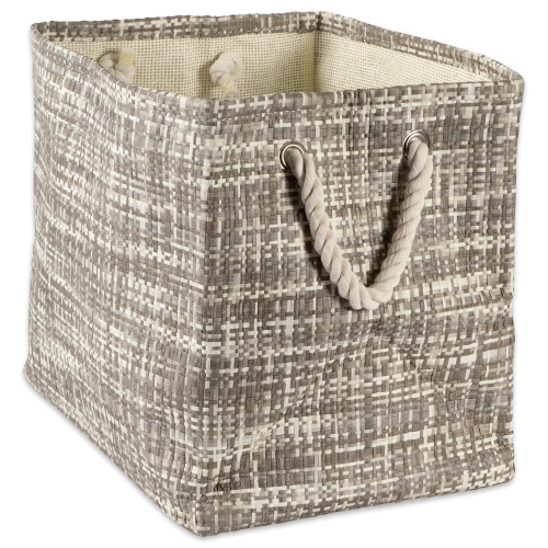 15" Gray and Ivory Tweed Patterned Medium Rectangular Bin with Rope Handles - IMAGE 1