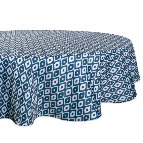 Ikat Patterned Round Tablecloth - 60" - Blue and White - IMAGE 1