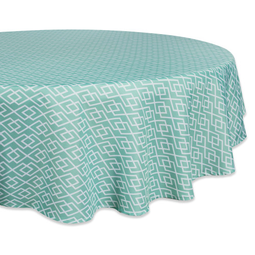 Aqua Blue and White Diamond Pattern Outdoor Round Tablecloth 60” - IMAGE 1