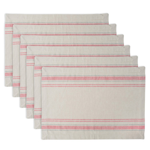 Set of 6 White and Tango Red French Stripe Rectangular Placemats 19" x 13" - IMAGE 1