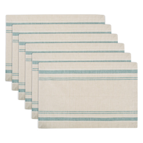 French Striped Rectangular Cotton Placemats - 19" - Taupe and Teal - Set of 6 - IMAGE 1