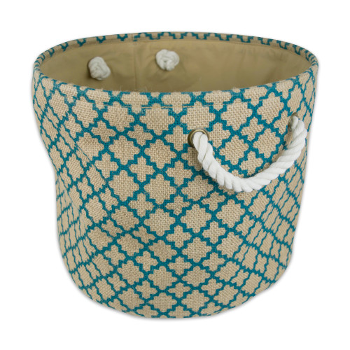 12" Brown and Teal Burlap Round Small Bin with Rope Handles - IMAGE 1