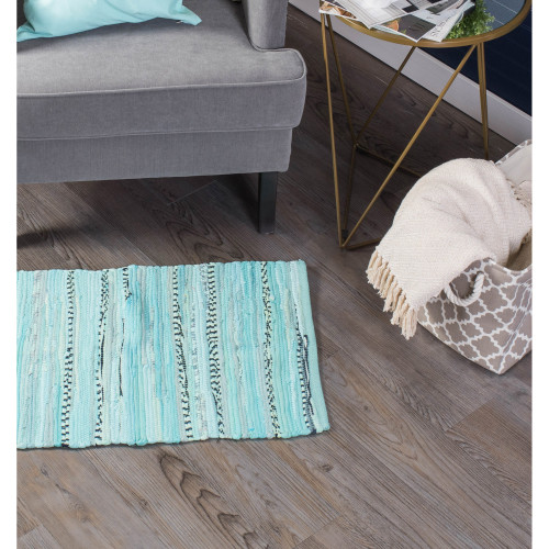 19.5" x 31.5" Striped Hand Woven Area Throw Rag Rug - Aqua Blue and Black - IMAGE 1