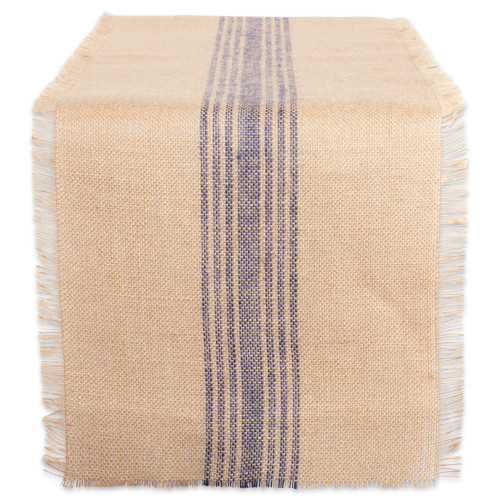 Middle Stripes Fringed Jute Table Runner - 108" - Beige and Blue - IMAGE 1
