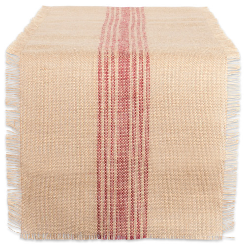 Center Stripe Fringed Burlap Table Runner - 72" - Beige and Barn Red - IMAGE 1