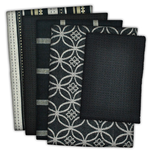 Set of 5 Black and Ivory Multiple Patterned Dishcloth/Dishtowels 28" - IMAGE 1