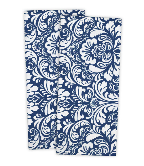 Set of 2 Nautical Blue and White Damask Rectangular Dishtowels 18” x 28” - IMAGE 1