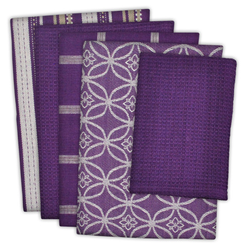 Flower of Life Cotton Dish Towels and Dish Cloth - 28" - Eggplant and White - Set of 5 - IMAGE 1