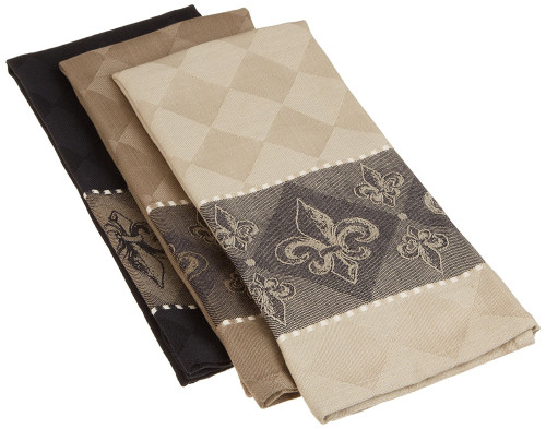 Set of 3 Beige and Black Fleur De Lis Jacquard Dishtowels 28" - IMAGE 1