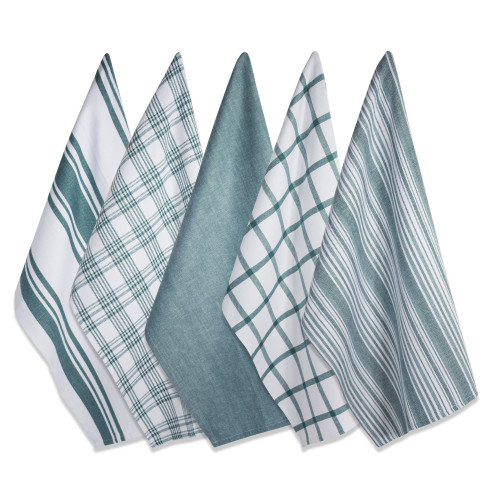 Assorted Woven Cotton Dish Towels - 28" - Teal and White - Set of 5 - IMAGE 1