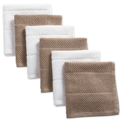 Set of 6 White and Stone Brown Terry Square Kitchen Dishcloths 12" - IMAGE 1