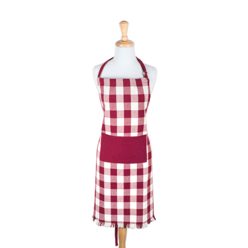 Heavyweight Buffalo Check Fringed Chef Apron - 32" - Wine Red and White - IMAGE 1