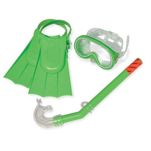 Set of 3 Green Recreational Mask, Snorkel and Fins For Children - 12.75" - IMAGE 1