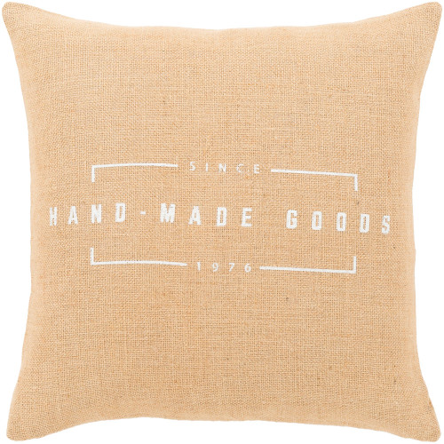 18" Orange and White "Hand Made Goods" Printed Knife Edge Throw Pillow - Poly Filled - IMAGE 1