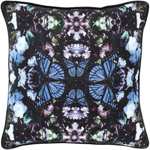 20" Black and Blue Butterfly Printed Design Square Throw Pillow Cover with Piping Edge - IMAGE 1