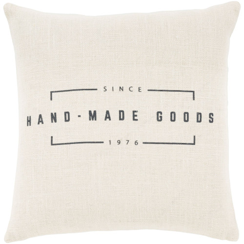 18" White and Black "Hand Made Goods" Printed Throw Pillow - Down Filler - IMAGE 1
