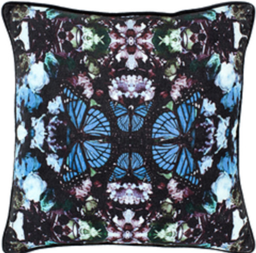 18" Blue and Black Butterfly Printed Square Throw Pillow - Down Filled - IMAGE 1