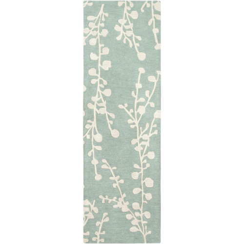 2'6” x 8’ Floral Patterned Mint Green and Ivory Hand Tufted Wool Area Throw Rug Runner - IMAGE 1